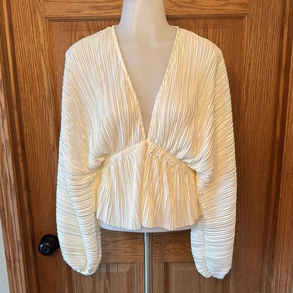 LULUS Radiant Flirt Ivory Satin Plisse Long Sleeve Top - Picture 5 of 12